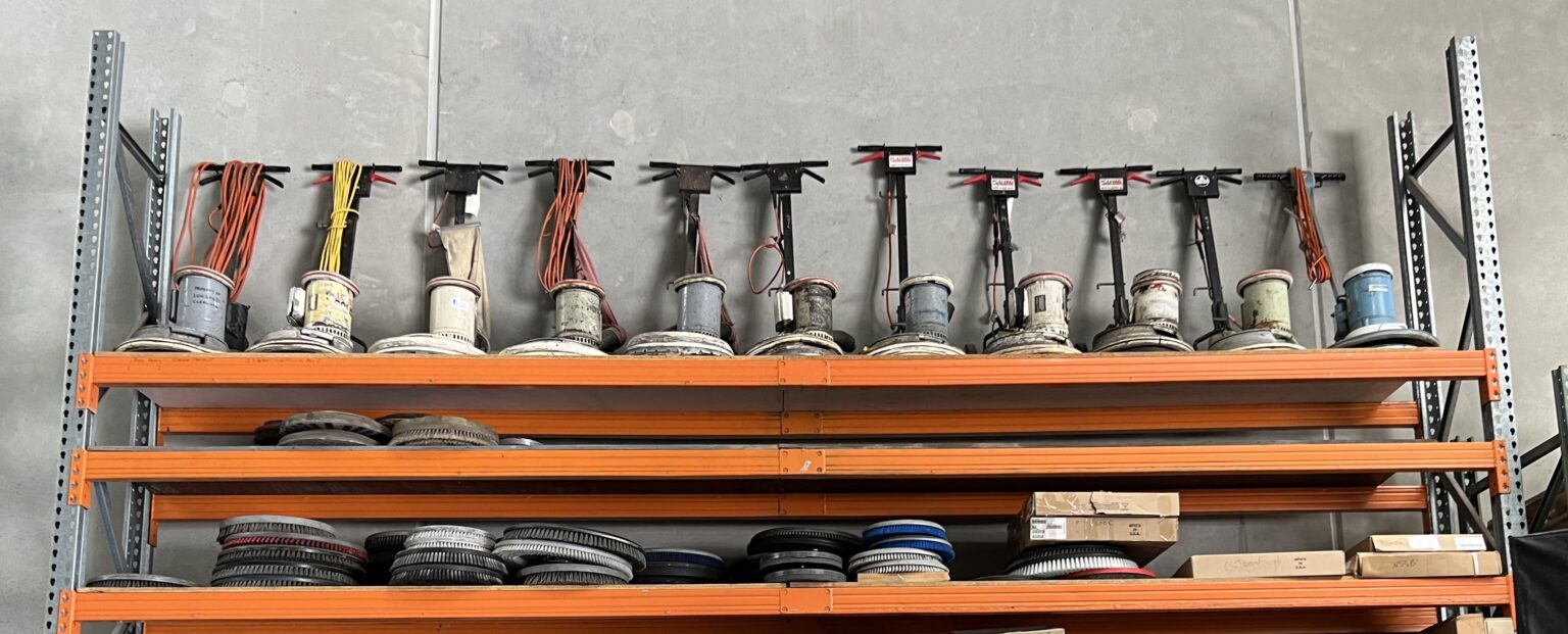 Brushes, pads and floor-cleaning parts in the Beverley workshop